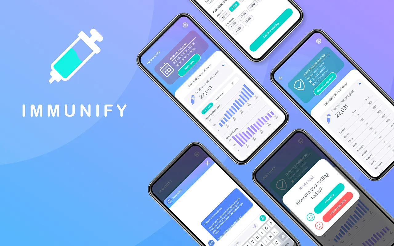 Immunify vaccine tracker app screens, showing appointment booking, vaccination stats and dose tracking, chatbot symptom check-in, and county-level vaccination totals