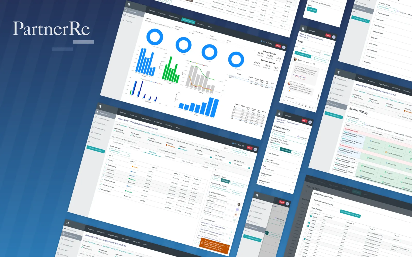 PartnerRe logo over a collage of UWIN screens, including a portfolio dashboard, task management, in-app chat, review history and user admin