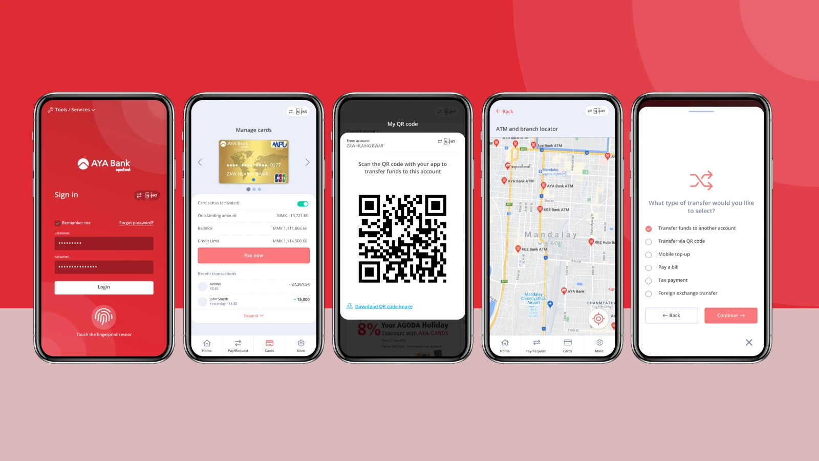 High-fidelity Aya banking app screens built on the bespoke design system, including login, manage cards, QR code transfer, ATM and branch locator and the transfer type selector
