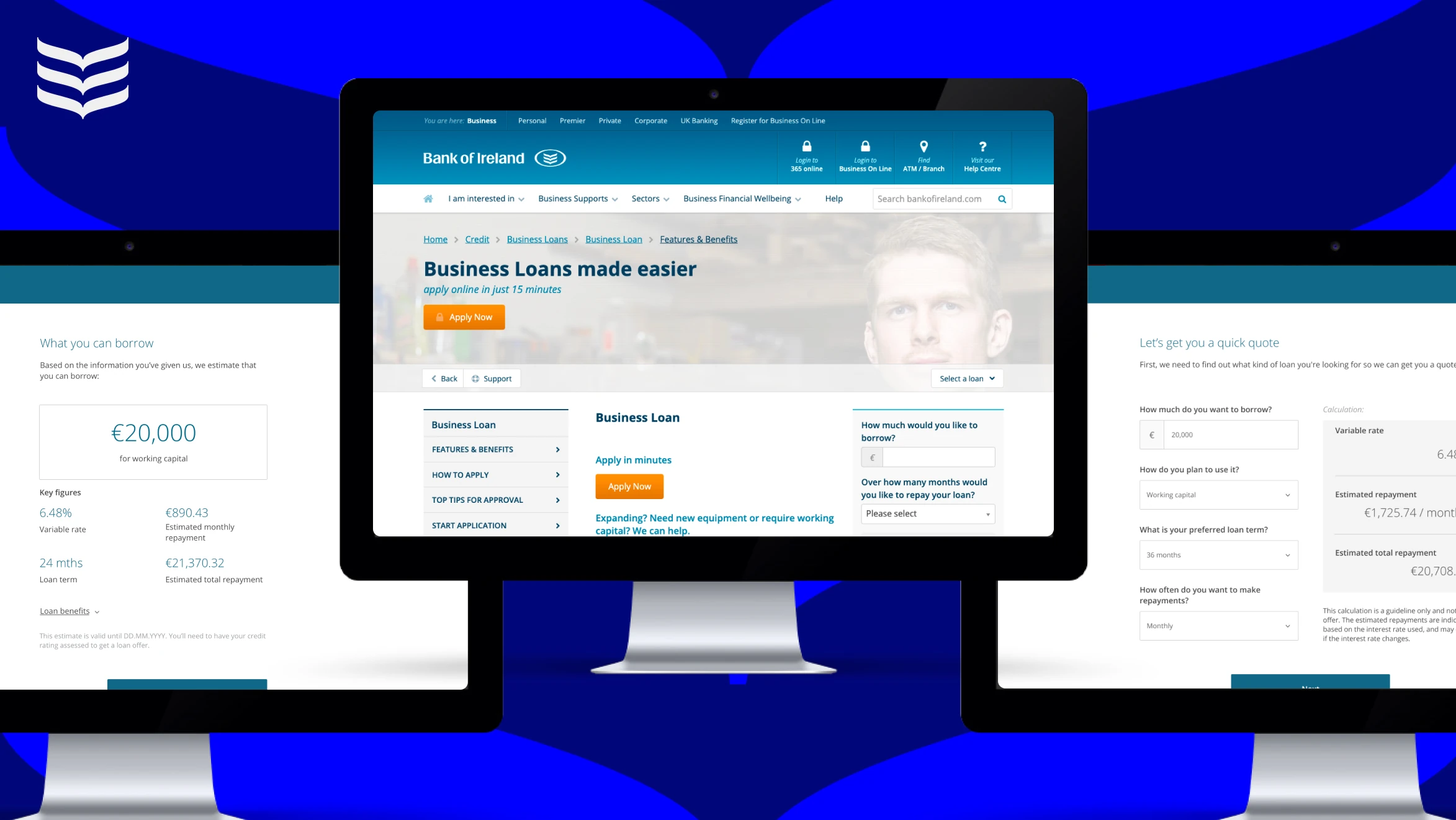 Desktop screens from the Bank of Ireland business loan application, from the business loans landing page through to the quote and borrowing estimate