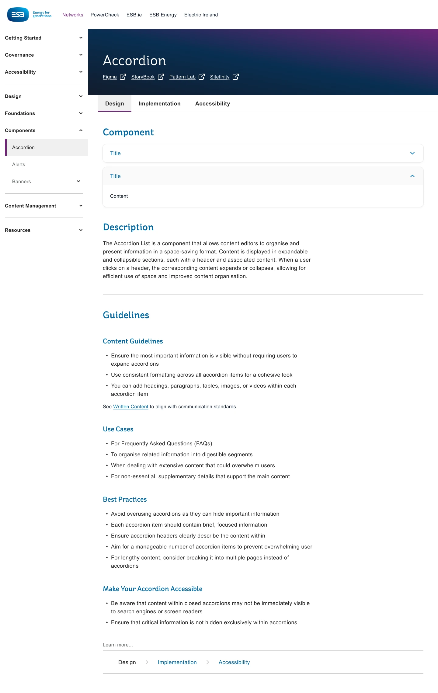 Accordion component documentation page, showing its design, implementation and accessibility guidance