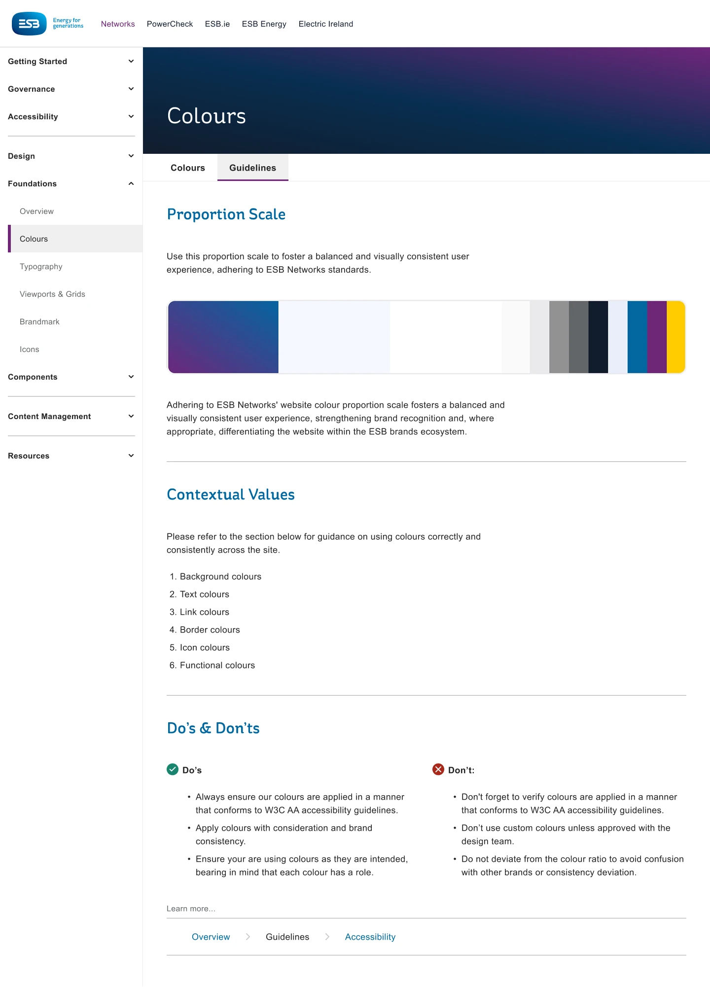 Colour guidelines page setting out proportion scale and usage rules for the palette