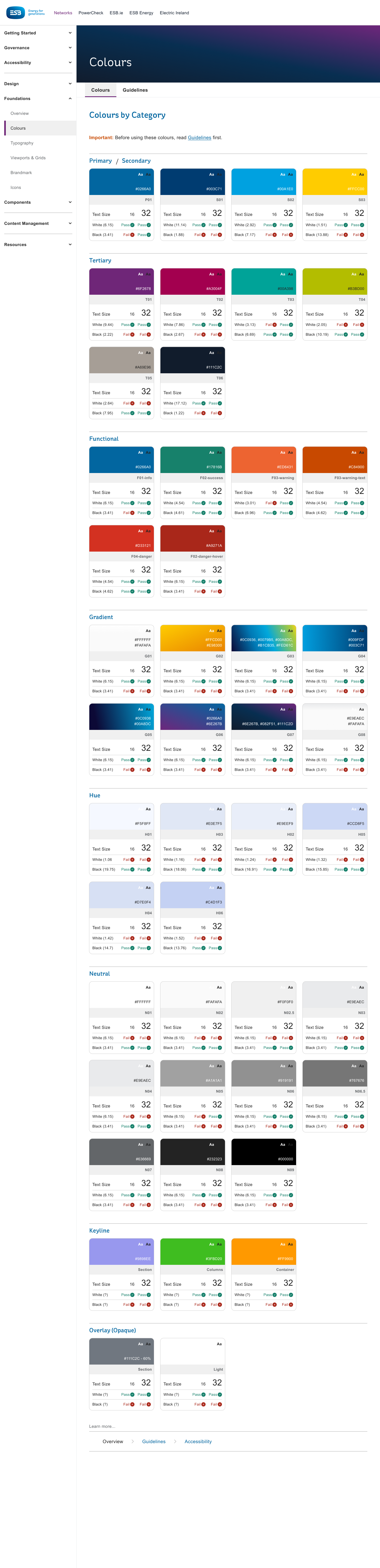 Colours page listing the full colour palette by category, with primary, secondary, tertiary and functional swatches