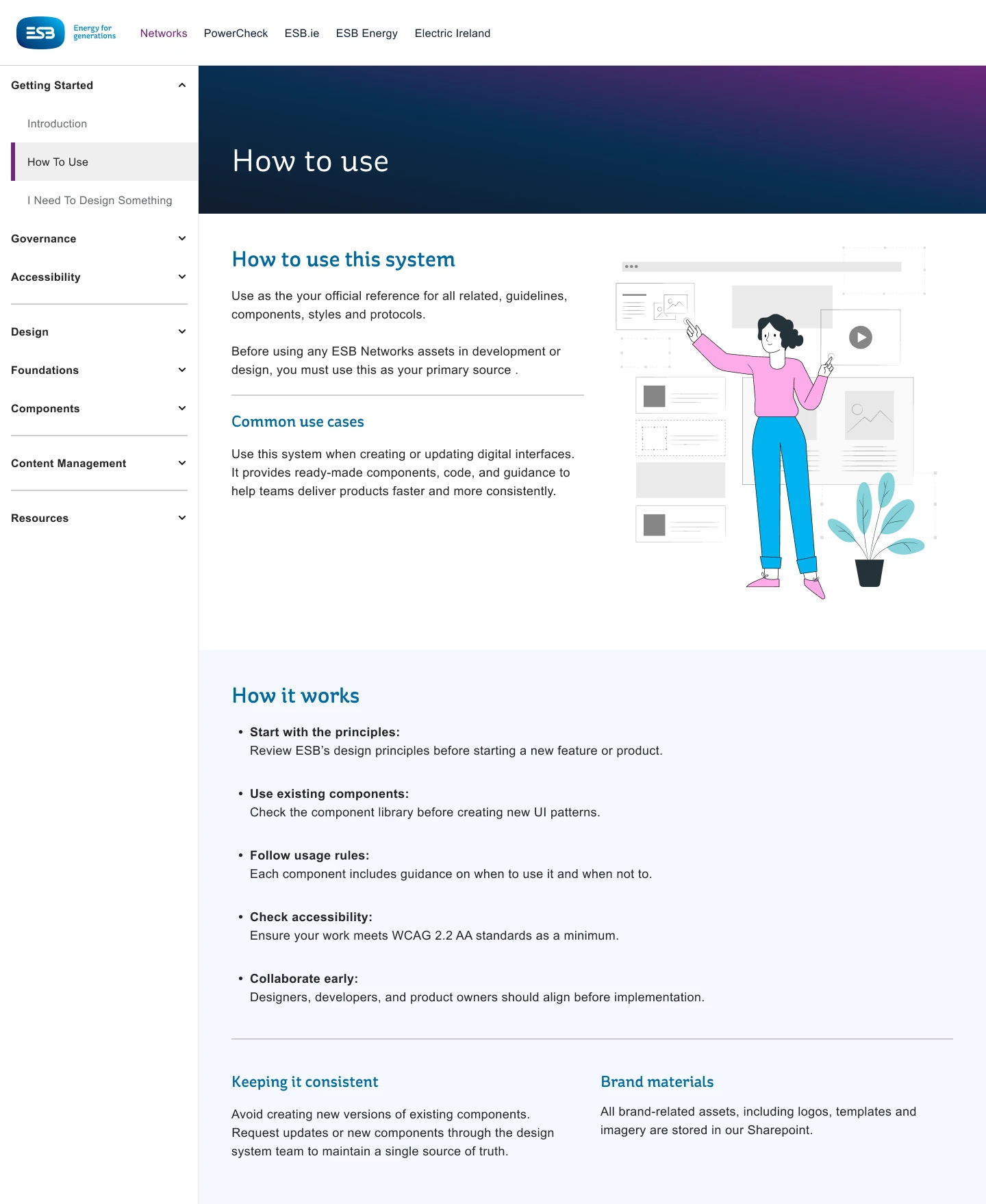 How to use page, explaining how designers and content editors should reference and apply the system
