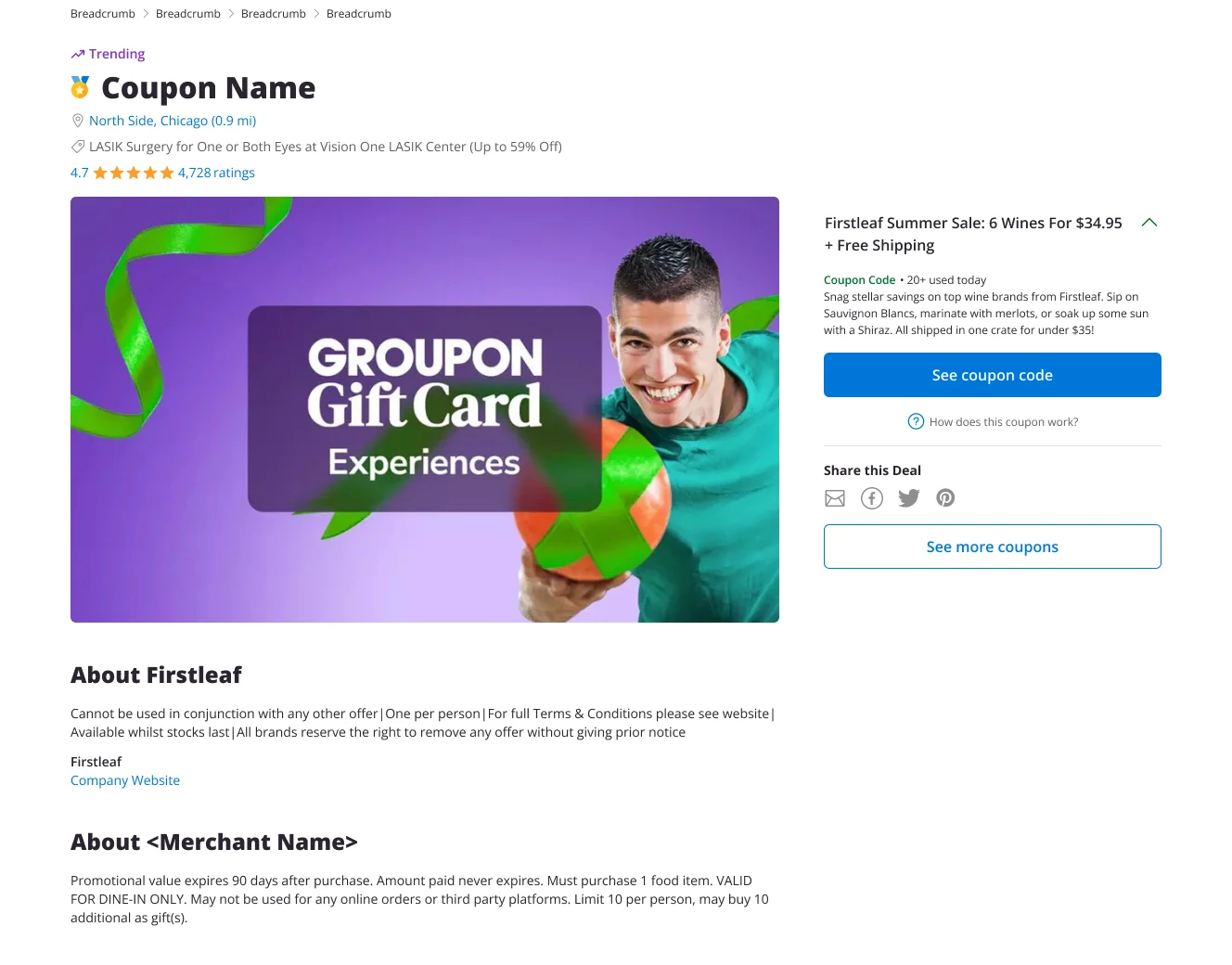 Redesigned Groupon Coupon deal page on desktop, a much shorter layout built around a coupon-code panel
