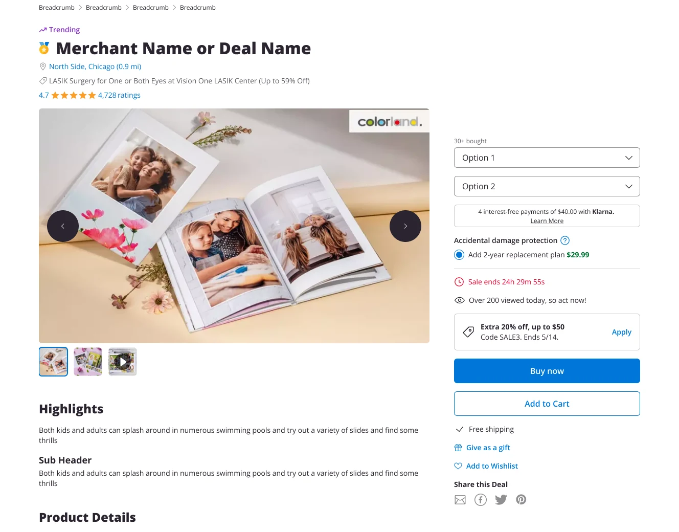 Redesigned Groupon Goods deal page on desktop, with a product carousel, product details and a purchase column offering variants, damage protection, buy now and add to cart