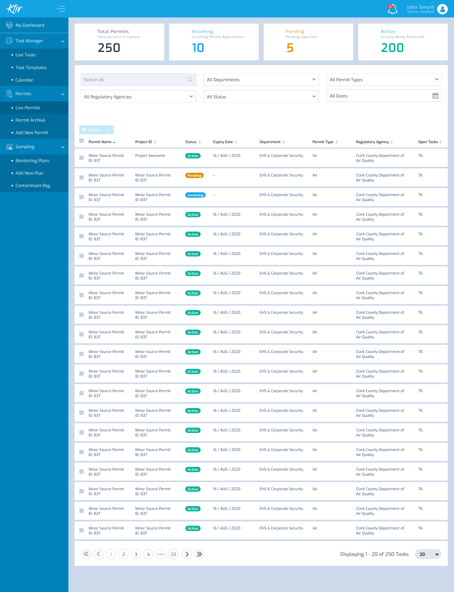 Live Permits screen, showing total, incoming, pending and active permit counts alongside a filterable table of permits