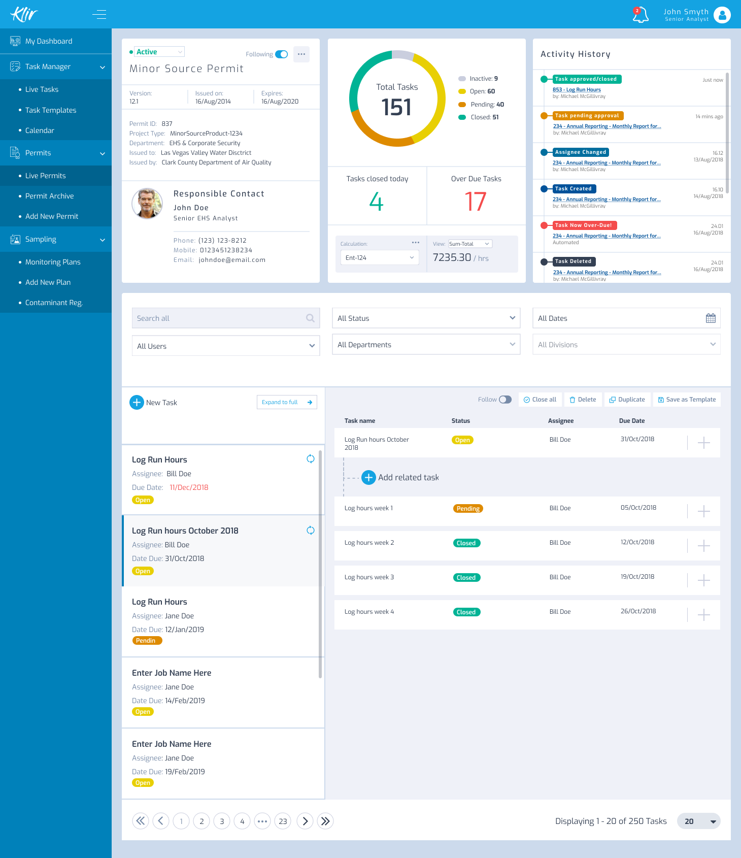 Minor Source Permit detail screen, showing permit information, responsible contact, total tasks breakdown and a list of related tasks