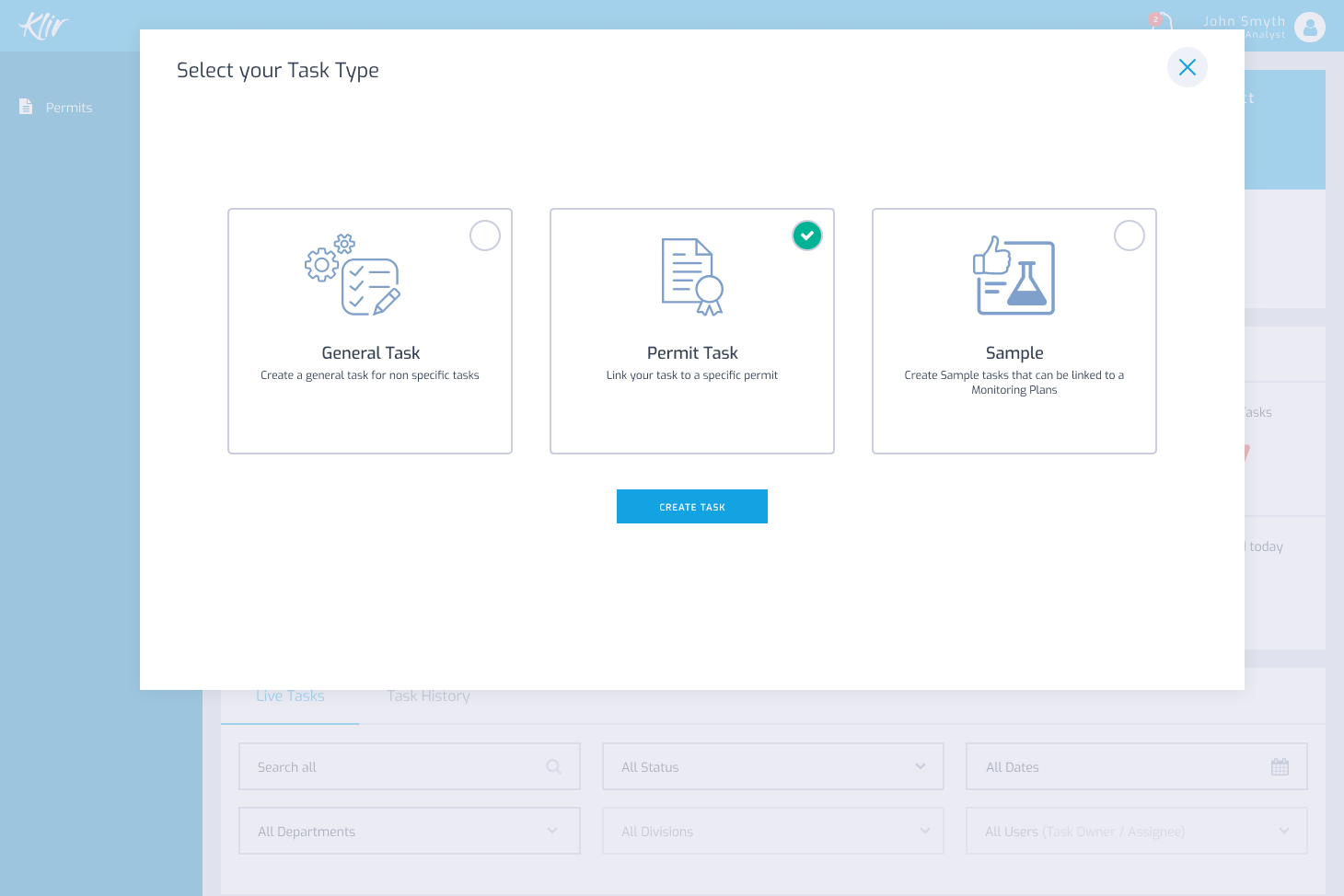 Select your Task Type modal, offering General Task, Permit Task and Sample as the three task types