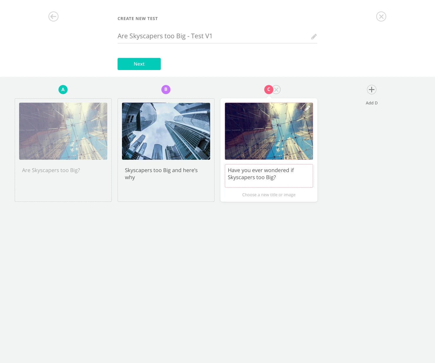 Create new test screen, showing three title and image variants being set up for an A/B test with an option to add a fourth